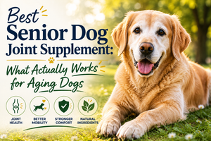 Senior golden retriever lying on grass outdoors with blog headline “Best Senior Dog Joint Supplement: What Actually Works for Aging Dogs,” alongside icons representing joint health, mobility, comfort, and natural ingredients.