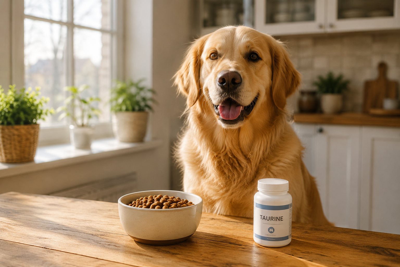 Golden retriever with taurine supplement bottle for dog heart health