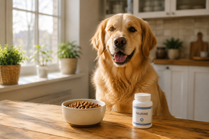 Golden retriever with taurine supplement bottle for dog heart health